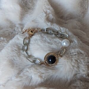 Mixed Metal Chain Bracelet with Black Stone and Pearl